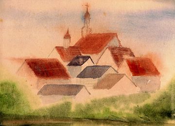 Klein dorp met kerk - aquarel geschilderd door VK (Veit Kessler)