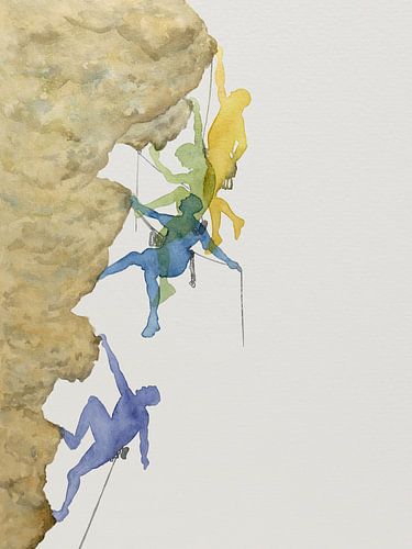 De bergbeklimmers (abstract aquarel schilderij bergen klimsport silhouet extreme sport boulderen K2)