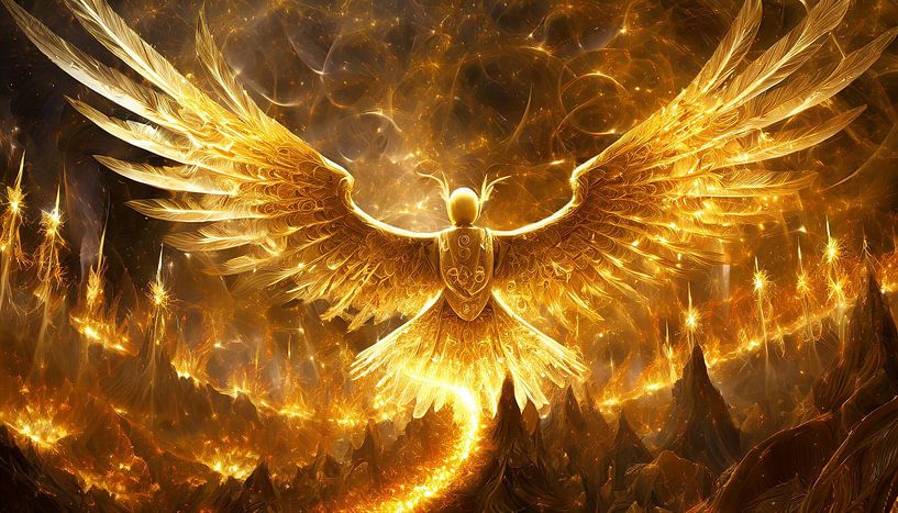 Schwebender goldener Engel mit goldenem Hintergrund von Giel Ketting