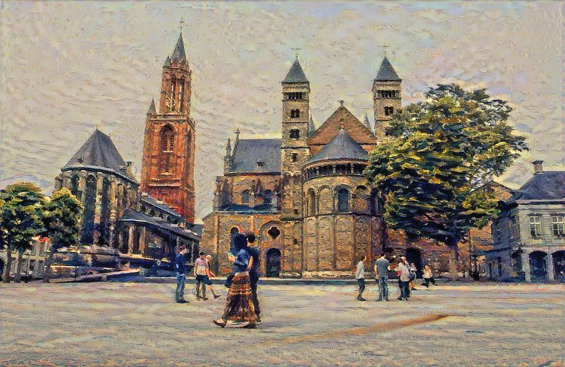 Middeleeuws Maastricht: Sint Servaasbasiliek en Sint-Janskerk op het Vrijthof van Slimme Kunst.nl