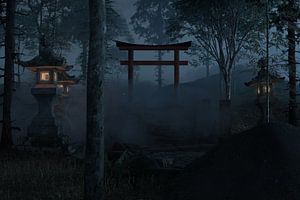 Sanctuaire japonais avec porte d'entrée en forme de torii rouge, la nuit