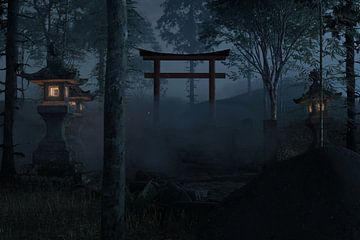 Japanischer Schrein mit rotem Torii Eingangstor bei Nacht von Besa Art