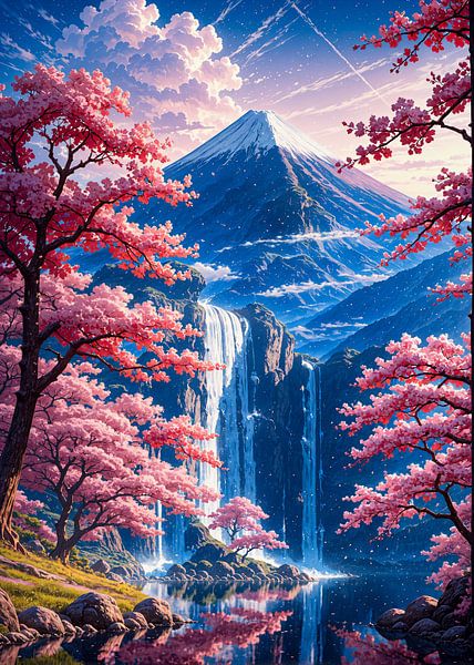 Cherry Blossom Sakura Mount Fuji Japan Spring Waterfall by Ruzerin