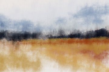 Abstract minimalist landscape in golden yellow, black and blue by Dina Dankers