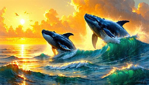 Walvissen in de pracht van de ondergaande zon - de stille terugkeer van de reuzen uit de diepte, begeleid door gouden nevel en de adem van de oceaan