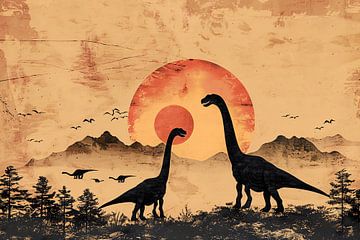 Silhouettes of dinosaurs during sunset by Art & Soul Creations
