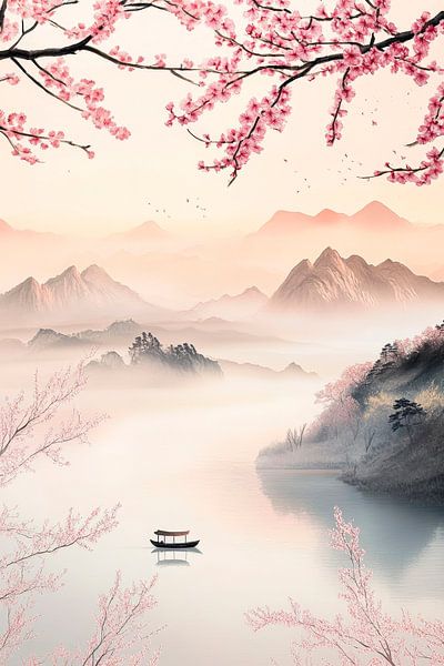 Delicate landscape with boat and flowers by Poster Art Shop