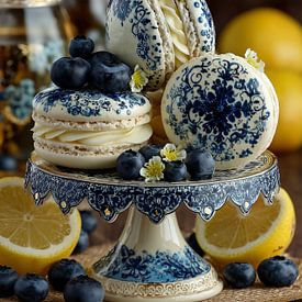 Delft-Blau-Stillleben mit Macarons, Heidelbeeren und Zitronen von Studio Ypie
