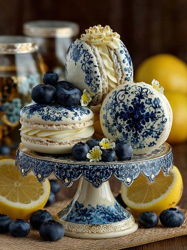 Delft-Blau-Stillleben mit Macarons, Heidelbeeren und Zitronen