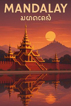 Mandalay Vintage Poster - Königlicher Palast Graben & Sonnenuntergang Reflexion Kunst