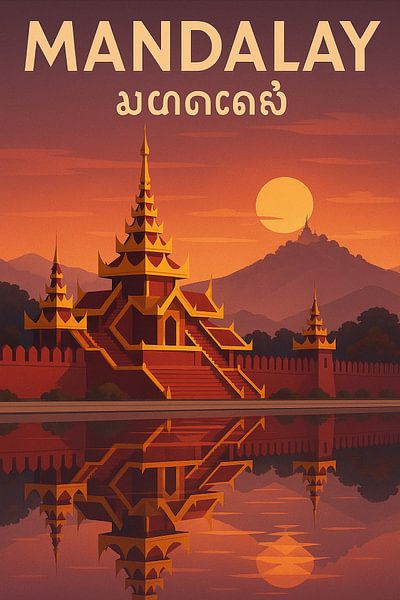 Mandalay Vintage Poster - Königlicher Palast Graben &amp; Sonnenuntergang Reflexion Kunst von Travel Shop