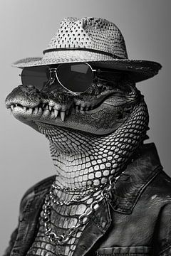 Gestileerd portret van een krokodil in een leren jas en zonnebril van Poster Art Shop