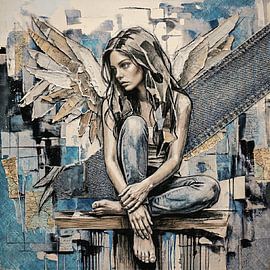 Engel in Jeans – Mischtechnik-Gemälde in Blau, Grau, Beige und Schwarz von Emiel de Lange