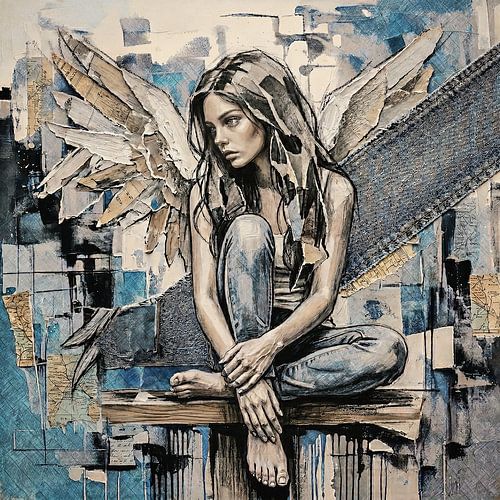 Engel in spijkerbroek - mixed media schilderij in blauw grijs beige en zwart