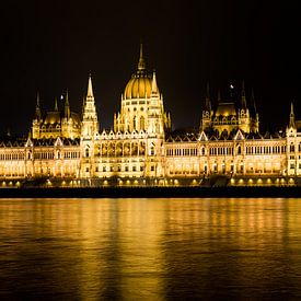Das Parlamentsgebäude, Budapest, Ungarn, nachts am Ostufer der Donau von Alwin Wink