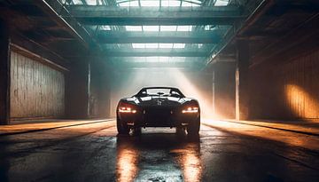 Zwarte raceauto in de garage van Mustafa Kurnaz
