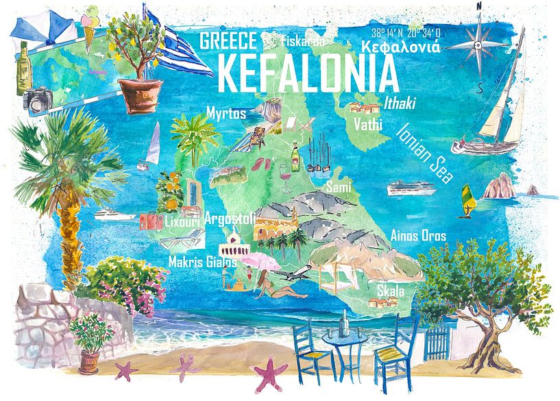 Kefalonia - Geïllustreerde reiskaart van het Griekse eiland in de Ionische Zee met straten en toeristische attracties van Markus Bleichner
