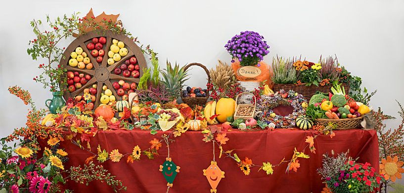 decorative thanksgiving table with fruits and vegetables, wooden by SusaZoom