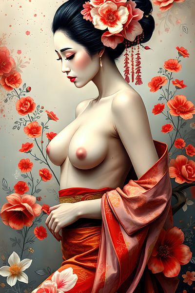 peinture geisha avec fleurs nue par Egon Zitter