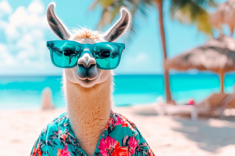 Llama in sunglasses on the beach by Poster Art Shop