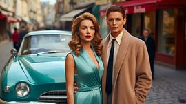 Italienische Frau auf der Straße mit Auto im Retro Vintage 50er -Stil