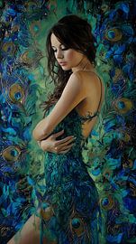 Portrait of a woman in a provocative pose with peacock feathers