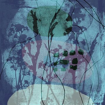 Abstrait Retro Botanique. Fleurs, plantes et feuilles en bleu, violet et vert. sur Dina Dankers