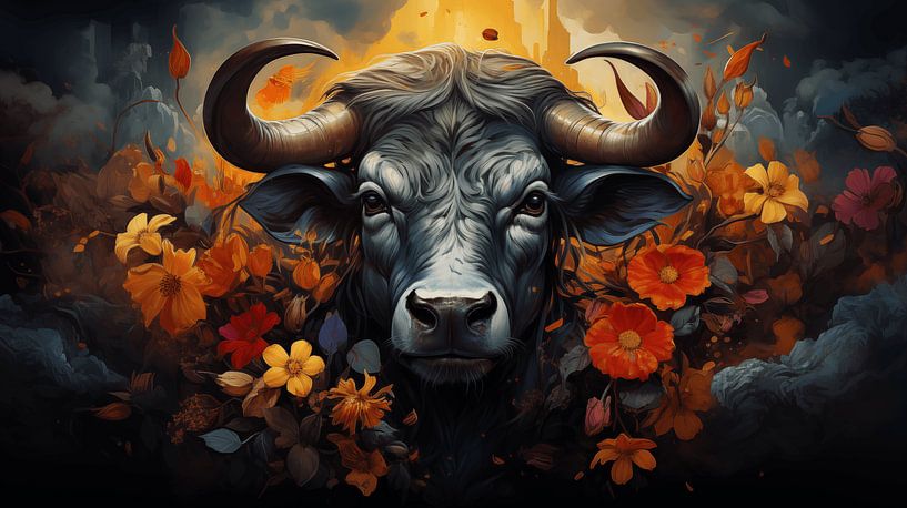 majestätischer Stier mit lebendigen Blumen, die seine Hörner schmücken, Kunstdesign-Gemälde von Animaflora PicsStock