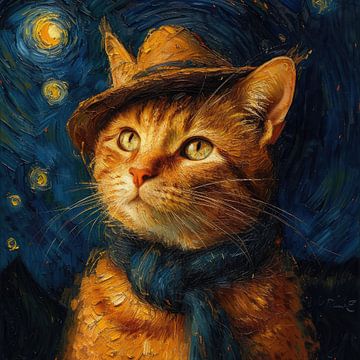 Posterprint van kat met hoed, geïnspireerd op van Gogh van Niklas Maximilian