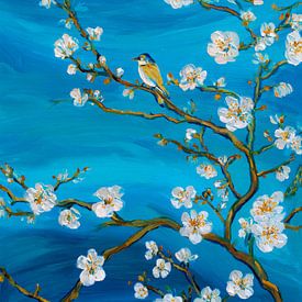 A bird on a blossom-covered branch against a blue sky by But First Framing