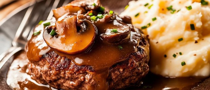Saftiges Steak mit Pilzsoße und Püree von Poster Art Shop
