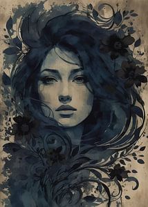 Abstrakter Surrealismus eines Mädchens mit Blumen Monochrom