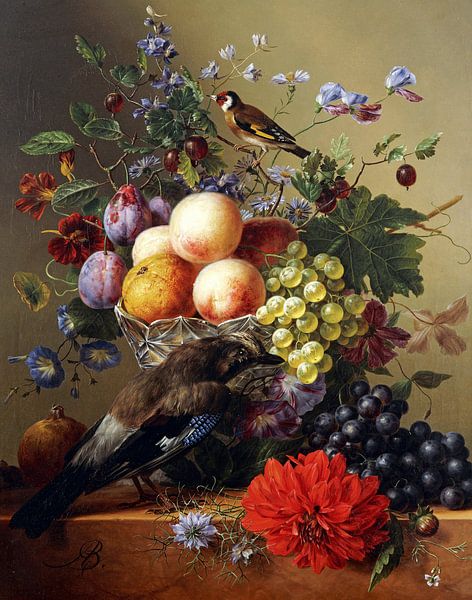 Arnoldus Bloemers,Perziken, druiven, pruimen en bloemen in een g van finemasterpiece