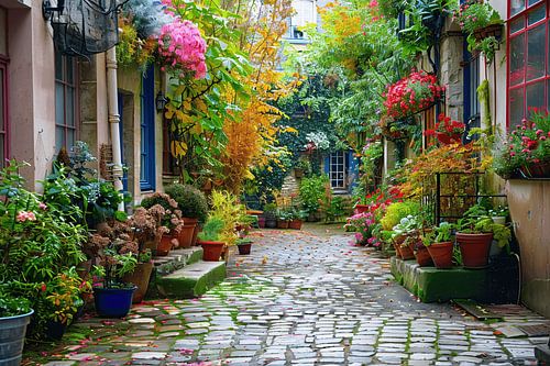 Impressionistische Straat met Bloeiende Planten