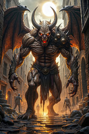Dark Fantasy Décoration Murale: GOR’THALON - Le démon avance dans les ruelles une ville sur INFERAURUM - Dark Fantasy Wall Art