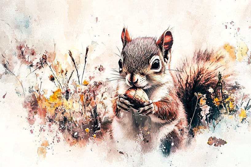 Écureuil avec fleurs d'automne aquarelle par Imperial Art House