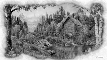 Digitale Zeichnung einer Wassermühle im Wald von Gelissen Artworks