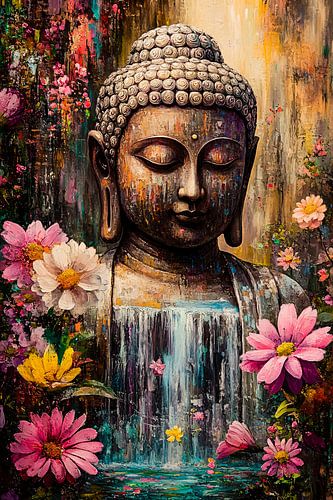 Boeddha met bloemen en waterval