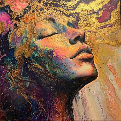 Acryl galaxy portret vrouw goud