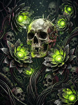 Crâne biomécanique, fleurs mécaniques, vert lumineux, cyberpunk, science-fiction sombre, graphisme