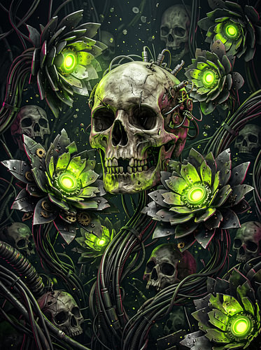 Crâne biomécanique, fleurs mécaniques, vert lumineux, cyberpunk, science-fiction sombre, graphisme