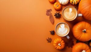 Kürbisse und Cappuccino mit oranger Farbe für den Herbst