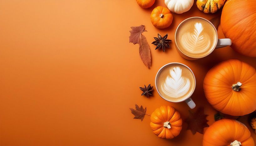 Pumpkins and cappuccino with orange colour for autumn by Mustafa Kurnaz