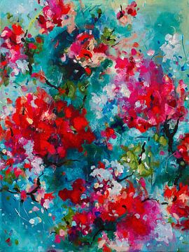 Ikigai - Abstraktes Gemälde mit roten Blumen im lockeren Stil von Qeimoy