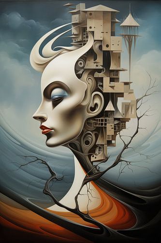 Digital created bizarre surrealist world with woman and landscape