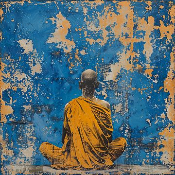 Sitzender Buddhist mit blauem Vintage-Hintergrund von Lauri Creates