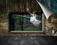 Fairy in forest that lets grape fly pictured on photo wallpaper