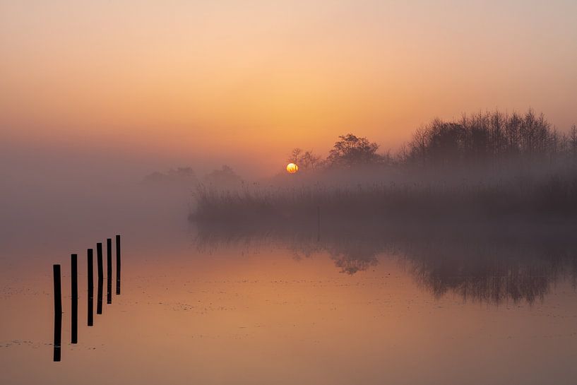 Zonsopkomst Leekstermeer in de mist met paaltjes van R Smallenbroek