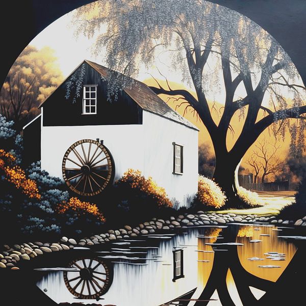 Baum Fantasie Landschaft surreal Wassermühle Himmel Erde von gm_designs