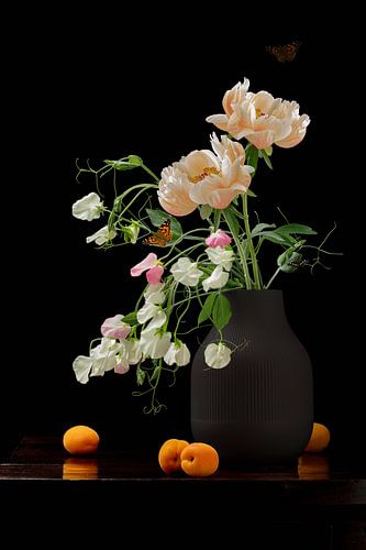 Still life "Lathyrus, peonies and apricot".